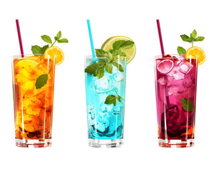 A set of three different colorful summer cocktails with straws and mint leaves. PNG image. PNG files