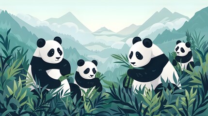 Family of Pandas Enjoying Bamboo Amidst Misty Mountain Landscape in Verdant Foliage