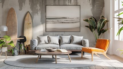 Stylish interior of living room with grey sofa