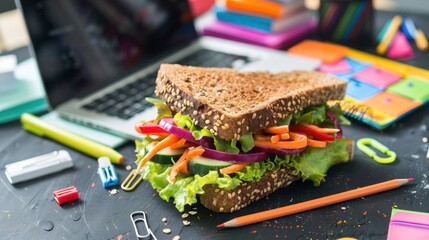 A healthy sandwich with whole grain bread and fresh veggies, set against a background of school supplies and an open laptop