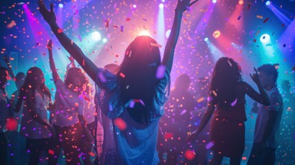 group of people dancing with their backs to each other in a disco with neon lights