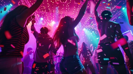 group of people dancing with their backs to each other in a disco with neon lights