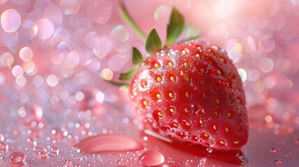 close up of strawberries with drops of water on the bottom and a pink background with a bokeh of light shining on the top of the strawberries.Generative AI