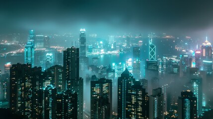 Hong Kong Skyline at Night with Fog