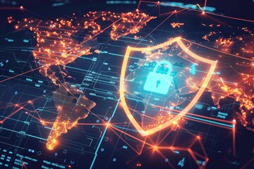 Glowing security shield overlaid on a global network map, worldwide data protection, cybersecurity
