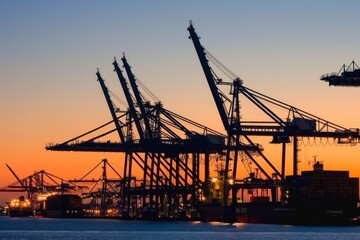 Obraz premium Massive cranes silhouetted against the sunset, unloading cargo ships, industrial logistics, scenic port view