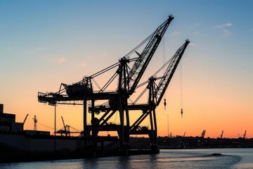 Obraz premium Massive cranes silhouetted against the sunset, unloading cargo ships, industrial logistics, scenic port view