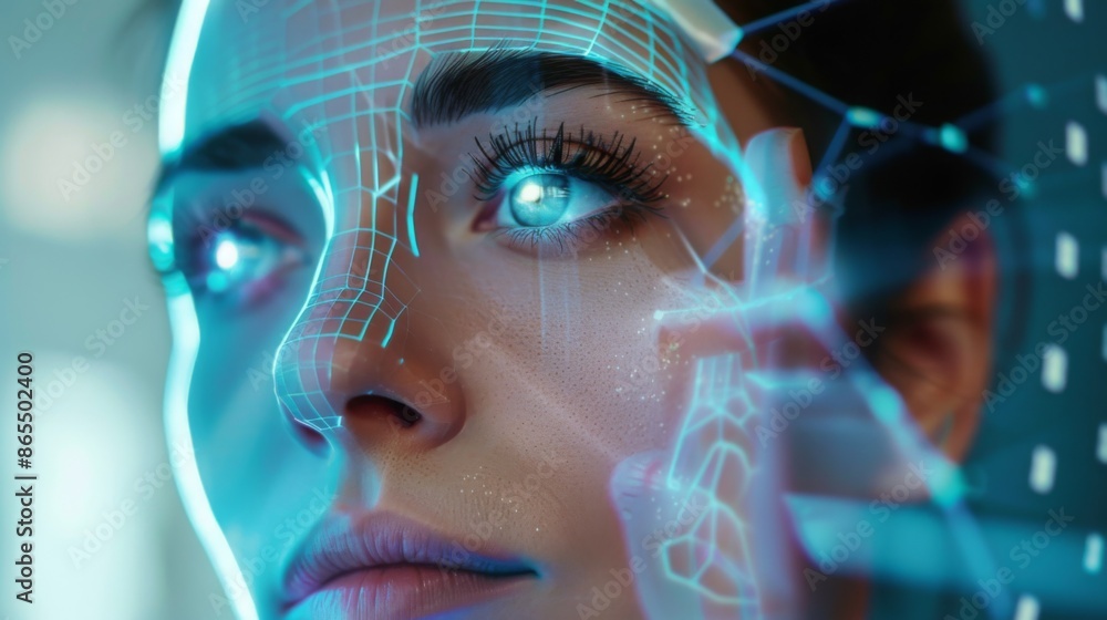 Fototapete Close-up portrait of a womans face with a blue digital overlay on her skin. The overlay is a network of lines and dots, creating a futuristic and abstract effect.