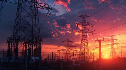 Substation at sunset with detailed switchgear and transmission towers 