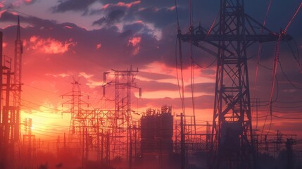 Fototapeta premium Substation at sunset with detailed switchgear and transmission towers 