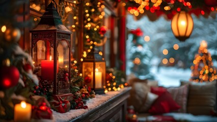 Cozy Christmas lanterns glowing warmly against festive winter background. Generative AI