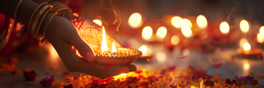 Diwali, indian holiday, Hindu festival of lights, religious celebration at the month of Ashvin, woman with candle light and bokeh
