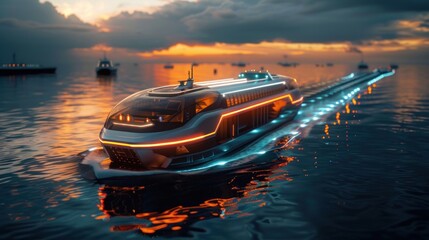 Modern yacht sailing during sunset.