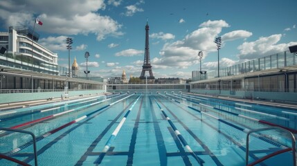 Fototapeta premium Olympic pool with the Eiffel Tower in the background