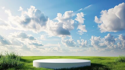 Nature background podium illustration minimal rendering White concept sky 3D grassland blue green podium dais stage grass summer field landscape blank garden cloud meadow empty spring.