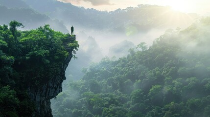 mountain cliff overlooking a dense forest close up, focus on, copy space, striking visuals, Double exposure silhouette with Naga