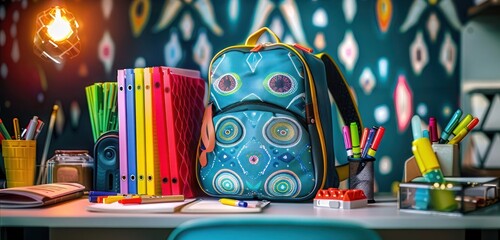 Naklejka premium A stylish backpack on a desk, featuring colorful binders, glue, and markers arranged around it. Banner design.