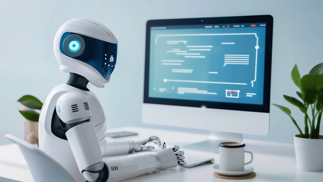 A robot assists, chatbot having a conversation with a customer on a website, virtual agent and digital assistants and AI technology and innovation.