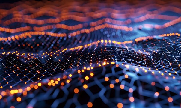 An image showcasing a futuristic grid with hexagonal lines and binary patterns