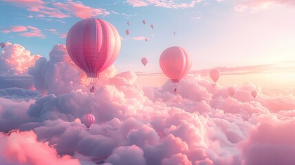 Obraz premium Serene scene of hot air balloons floating through dreamy pink clouds at sunset, evoking a sense of peace and whimsy.