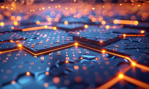 An image showcasing a futuristic grid with hexagonal lines and binary patterns