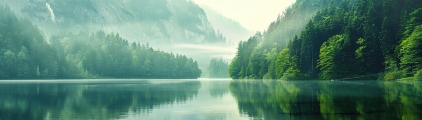 forestcovered mountainside with a hidden lake close up, focus on, copy space, lush green tones, Double exposure silhouette with Kraken rising