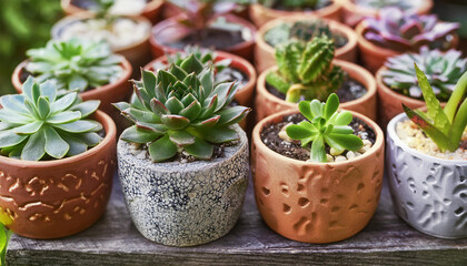 Green succulents in tiny textured ceramic containers. Plants in pots. Miniature garden. Close-up.