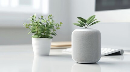 An ultra-sharp image of a modern workspace setup with a smart speaker and a thin monitor