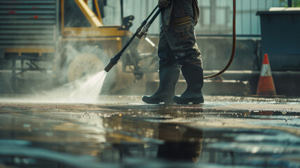 Water hose and high pressure washing machine for cleaning concrete floor at a construction site
