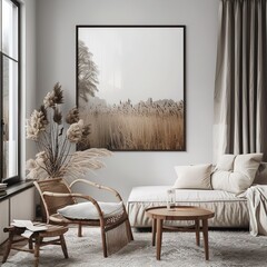 Mockup Poster Frame Close-Up on Wall Painted Pastel Beige House 3D Render