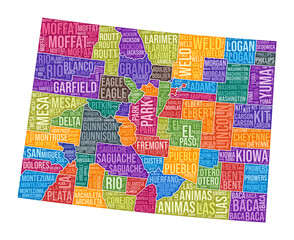 Colorado shape. State word cloud with county division. Colorado colored illustration. County names cloud. Vector illustration.