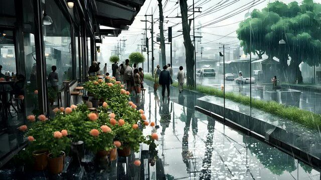 A lively cafe scene on the side of the road when it rains, in summer Seamless looping 4k time-lapse animation video background