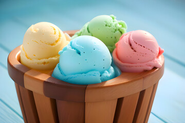 Colorful Ice Cream Scoops in a Wooden Basket.