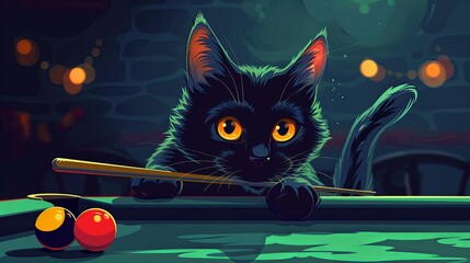 Colorful illustration of a black cat with bright eyes playing pool, holding a cue stick, with balls on the table.
