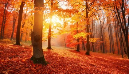 Fototapeta premium Beautiful red autumn, fall forest, trees, leaves, nature, environment