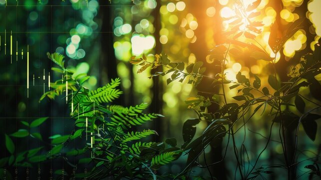 forest intertwined with stock chart close up, focus on, copy space, bold greens, Double exposure silhouette with financial forecast - Powered by Adobe