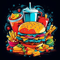 Burger and fries illustration with food tags