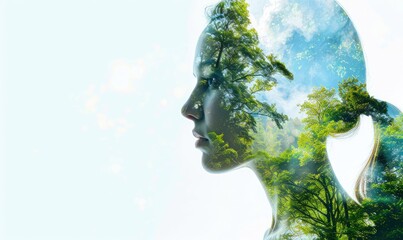 "Double Exposure Photography: Woman's Profile and Forest Environment"