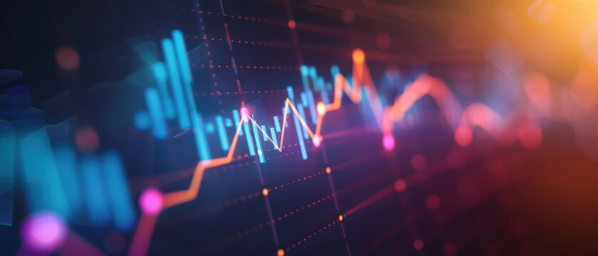 Abstract financial graph with colorful data points and lines representing market trends and analysis on a dark background.