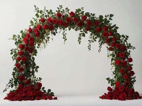 Estructura con forma de arco adornada con rosas rojas sobre fondo blanco 