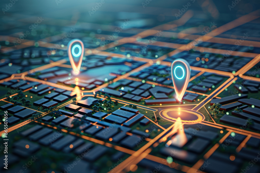 Poster abstract digital city map with glowing navigation pins, representing gps or location tracking techno