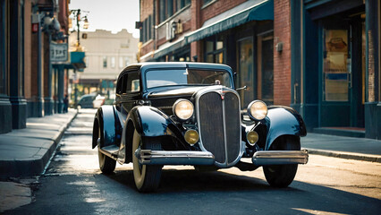 black classic car parked on a sunlit street, with buildings in the background.