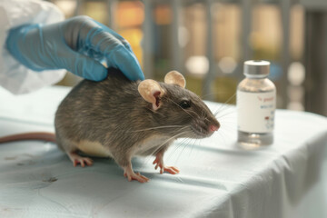 Scientist in gloves handling a lab rat near test tubes in a laboratory environment, representing research and experimentation.