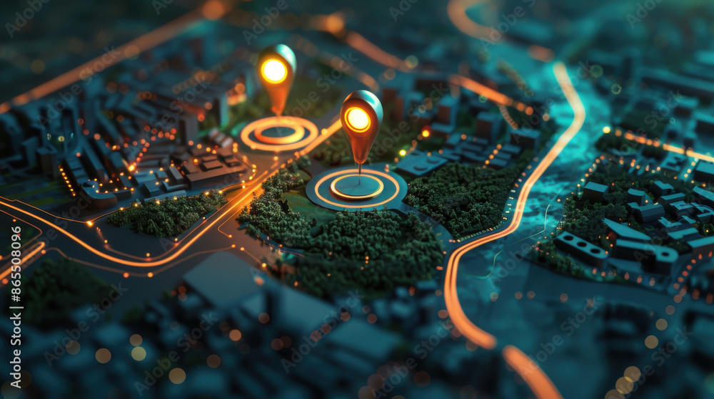 Poster abstract digital city map with glowing navigation pins, representing gps or location tracking techno
