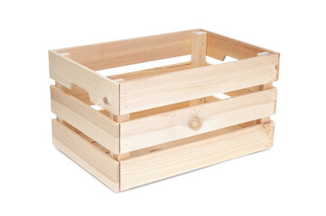 Empty wooden crate close up on a white background