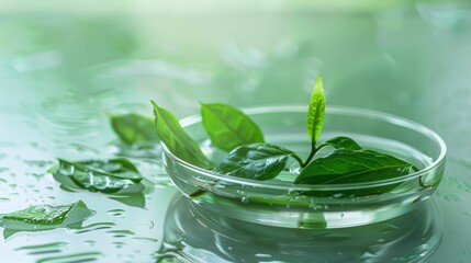 Green tea leaves on glass petri dish with light green background for Green tea extract
