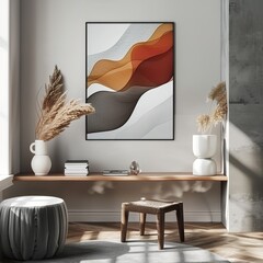 Mockup Poster Frame Close-Up on Wall Painted Pastel Beige House 3D Render