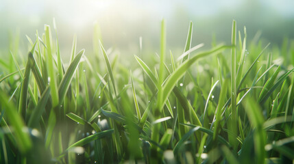 Obraz premium Green fresh grass with drops of dew at dawn. Close-up of young grass sprouts, dew drops on them, concept of life, freshness.