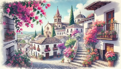 Fototapeta premium A spanish village in spring, featuring white-washed houses with vibrant bougainvillea and cobblestone street.jpeg