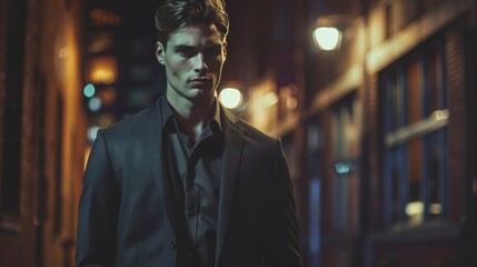 Fototapeta premium Man in suit walking through a dimly lit urban street at night, showcasing a mysterious and serious expression.